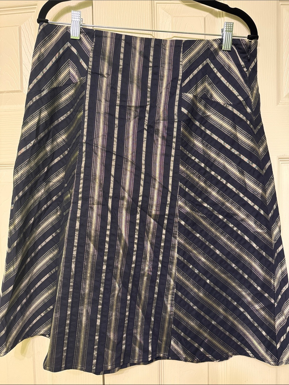 LOFT Navy and Metallic Striped A-Line Skirt